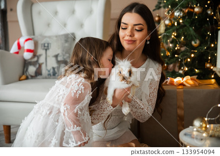 Special moments shared between a girl and her mother while holding a small rabbit near a beautifully decorated Christmas tree Special moments shared between a girl and her mother while holding a small rabbit near a beautifully decorated Christmas tree 133954094