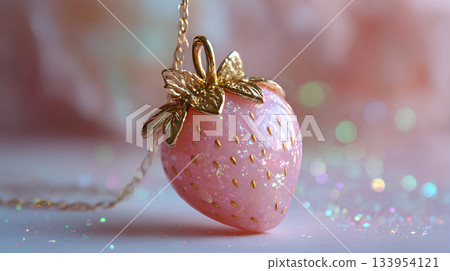 粉紅色蛋白石狀草莓吊墜，飾以金色點綴，閃耀奪目。 133954121