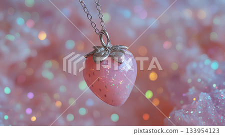 粉紅水晶草莓吊墜，帶有彩虹色燈光 133954123