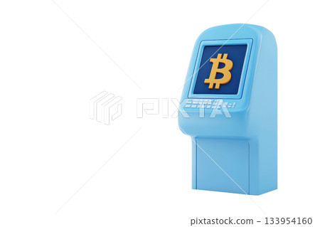 A blue Bitcoin ATM with a prominent Bitcoin symbol displayed on its screen. 133954160