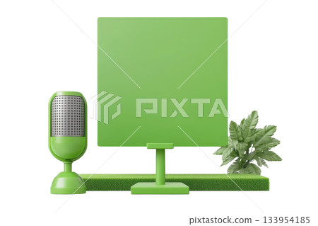 A vibrant green microphone stands beside a square display, complemented by a plant, creating a fresh and modern aesthetic. 133954185