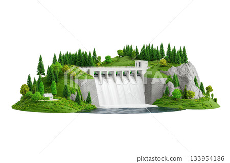 A miniature dam model surrounded by lush greenery and flowing water, showcasing detailed landscaping and natural features. 133954186