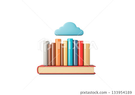 A colorful stack of books sits atop a large book with a cloud above, symbolizing digital or online reading. A colorful stack of books sits atop a large book with a cloud above, symbolizing digital or online reading. 133954189
