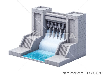 A modern dam structure with flowing water, featuring steps and multiple outlets for water release. 133954190