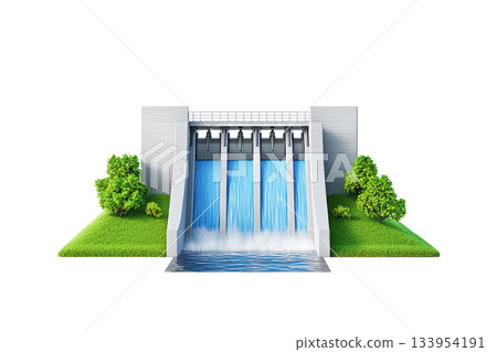 A modern dam structure with water flowing from multiple gates, flanked by greenery and a grassy area. 133954191