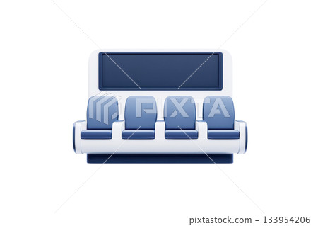 A modern seating arrangement featuring a row of blue chairs with a sleek design. 133954206