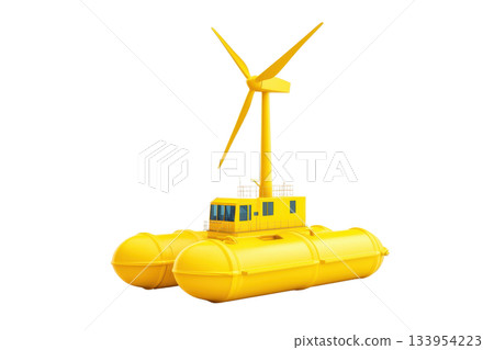 A bright yellow floating platform with a wind turbine, designed for renewable energy generation on water. 133954223