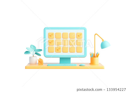 A colorful computer setup featuring a monitor, a desk lamp, a plant, and a holder with stationery. 133954227