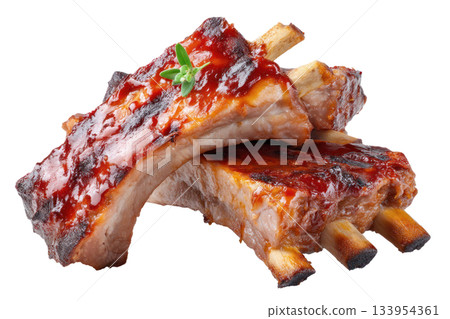 Juicy barbecue ribs glazed with rich sauce, garnished with fresh herbs, showcasing mouthwatering culinary delight. Isolated on transparent background 133954361