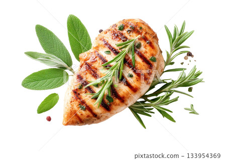 Grilled chicken breast garnished with fresh herbs and spices on a white background for culinary presentation. Isolated on transparent background 133954369