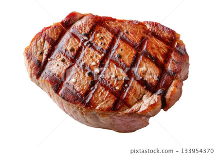 Grilled steak with perfect sear marks, showcasing juicy texture and appetizing appearance for culinary presentations. Isolated on transparent background 133954370