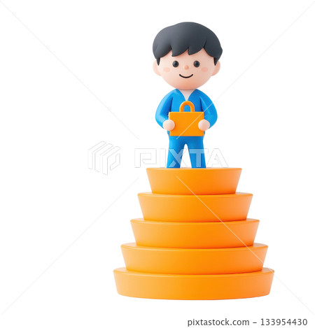 A playful figure stands atop stacked orange rings, holding a small orange briefcase, symbolizing growth and achievement. A playful figure stands atop stacked orange rings, holding a small orange briefcase, symbolizing growth and achievement. 133954430