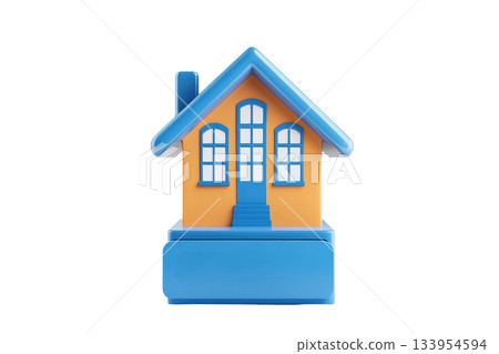 A colorful toy house with a blue roof, large windows, and a welcoming entrance, designed for imaginative play. A colorful toy house with a blue roof, large windows, and a welcoming entrance, designed for imaginative play. 133954594