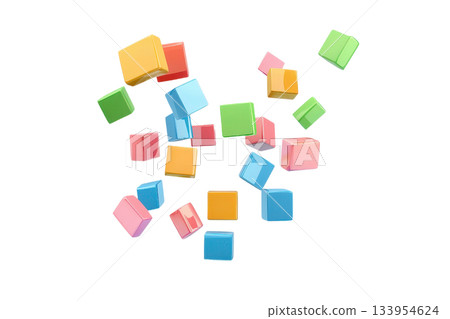 Colorful, assorted cubes in various sizes scattered in a dynamic arrangement. Colorful, assorted cubes in various sizes scattered in a dynamic arrangement. 133954624