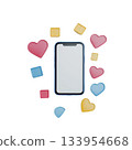 A mobile phone surrounded by colorful heart and square shapes. 133954668