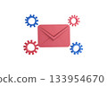 A pink envelope surrounded by blue and red gears symbolizes communication and technology. 133954670