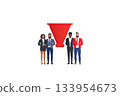 A group of four stylized characters stands near a large red funnel, representing a business or marketing concept. 133954673