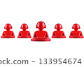 A series of five stylized red figures, each featuring a head and headphones, positioned in a row. 133954674