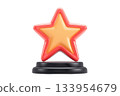 A vibrant star trophy with a glossy finish, featuring red edges and a golden center, displayed on a sleek black base. 133954679