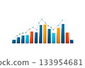 A colorful bar chart displaying varying heights of data points, complemented by a line graph indicating trends. 133954681