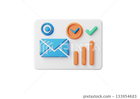 A colorful icon featuring an envelope, checkmark, and bar graph, symbolizing email communication and data analytics. 133954683