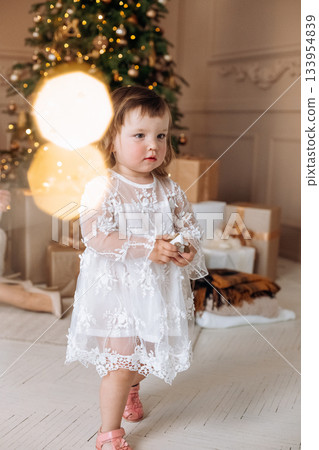 Little girl in lace dress holding a gift near decorated Christmas tree in cozy living room with holiday spirit Little girl in lace dress holding a gift near decorated Christmas tree in cozy living room with holiday spirit 133954839