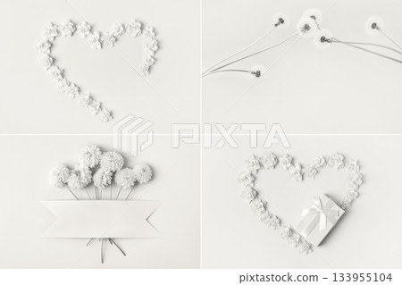 Presentation of a trending color 2026 - Cloud Dancer in the form of a collage of different shapes and textures. Delicate dandelions, dahlias and daffodils in the shape of a heart. Color concept Presentation of a trending color 2026 - Cloud Dancer in the form of a collage of different shapes and textures. Delicate dandelions, dahlias and daffodils in the shape of a heart. Color concept 133955104