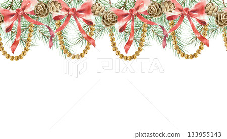 Christmas seamless border with red bows, hanging golden beads and fir branches. Hand drawn isolated watercolor illustration. For New Years cards, invitations and banners. Christmas seamless border with red bows, hanging golden beads and fir branches. Hand drawn isolated watercolor illustration. For New Years cards, invitations and banners. 133955143