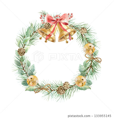 Christmas wreath with golden bells, fir branches, a sprig of eucalyptus and pine cones. Hand drawn watercolor illustration, isolated. For New Years cards, invitations and labels. 133955145