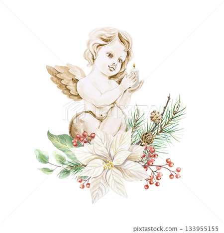 Christmas angel holding a candle, decorated with a poinsettia flower, fir branches and red berries. Hand drawn watercolor illustration, isolated. For vintage New Years cards, invitations and labels. Christmas angel holding a candle, decorated with a poinsettia flower, fir branches and red berries. Hand drawn watercolor illustration, isolated. For vintage New Years cards, invitations and labels. 133955155