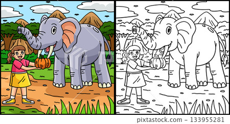 Girl Feeding Elephant Coloring Page Illustration Girl Feeding Elephant Coloring Page Illustration 133955281