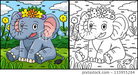 Elephant Wearing a Flower Crown Illustration Elephant Wearing a Flower Crown Illustration 133955284