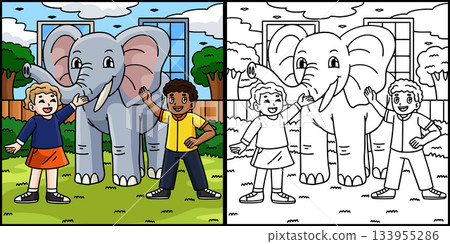 Elephant and Children Coloring Page Illustration Elephant and Children Coloring Page Illustration 133955286