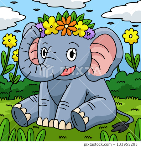 Elephant Wearing a Flower Crown Colored Cartoon Elephant Wearing a Flower Crown Colored Cartoon 133955293