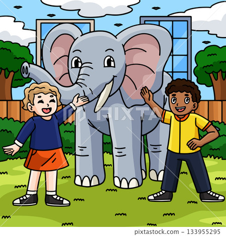 Elephant and Children Colored Cartoon Illustration Elephant and Children Colored Cartoon Illustration 133955295