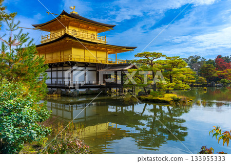 秋日天空下的京古池和金閣寺 133955333