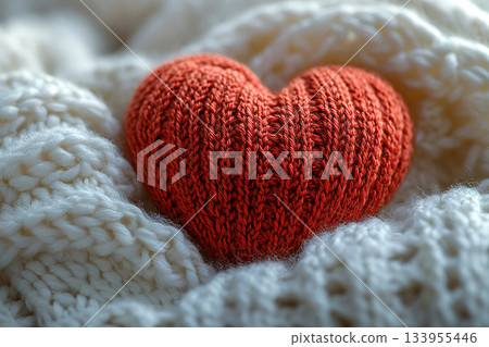 Retro style yarns. Red heart pattern is crochet on a modern sweater. Creative hobby. Valentines Day concept. 133955446