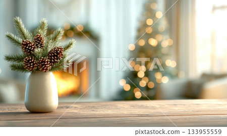 Cozy Christmas interior with pinecone arrangement 133955559