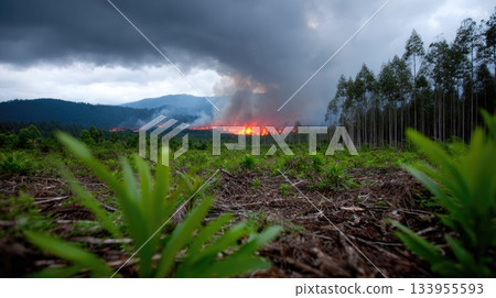 Forest Wildfire Burning Across Mountain Ridge Under Stormy Sky 133955593