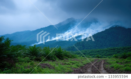 Smoke Spreading Across Lush Mountain Range After Forest Fire Smoke Spreading Across Lush Mountain Range After Forest Fire 133955594