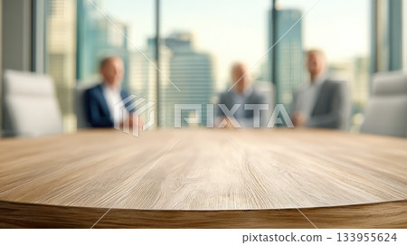 Bright Corporate Conference Room Interior with Wooden Table and City View 133955624