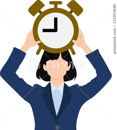 Illustration of a businesswoman holding a large clock in both hands 133955686