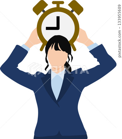 Illustration of a businesswoman holding a large clock in both hands 133955689