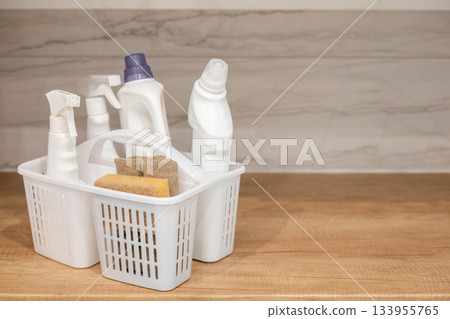 Chemical detergent bathroom laundry hygiene cleaning plastic basket storage organizing wooden table Chemical detergent bathroom laundry hygiene cleaning plastic basket storage organizing wooden table 133955765