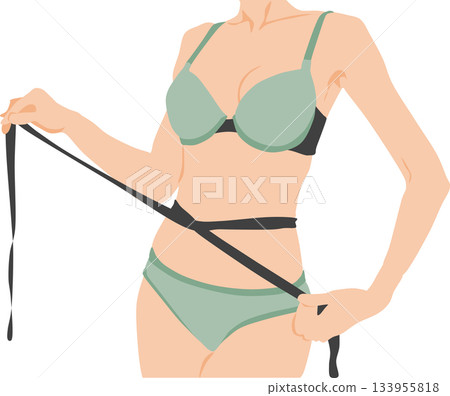 Illustration of a woman measuring her waist size with a tape measure Illustration of a woman measuring her waist size with a tape measure 133955818