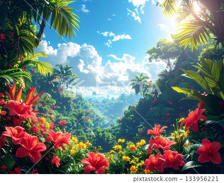 在盛夏的藍天和陽光下，一扇熱帶風格的相框被紅色和黃色的扶桑花和龜背竹環繞。 133956221
