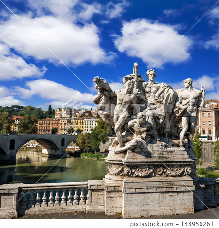 Sculptures on the Ponte Vittorio Emanuele II bridge over Tiber river, Rome, Italy 133956261