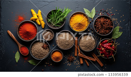 various spices on black stone background various spices on black stone background 133956339