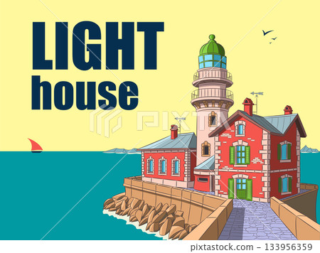Lighthouse on rocky pier, vector illustration 133956359