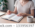 A morning of language learning - A woman's hands opening a textbook A morning of language learning - A woman's hands opening a textbook 133956397